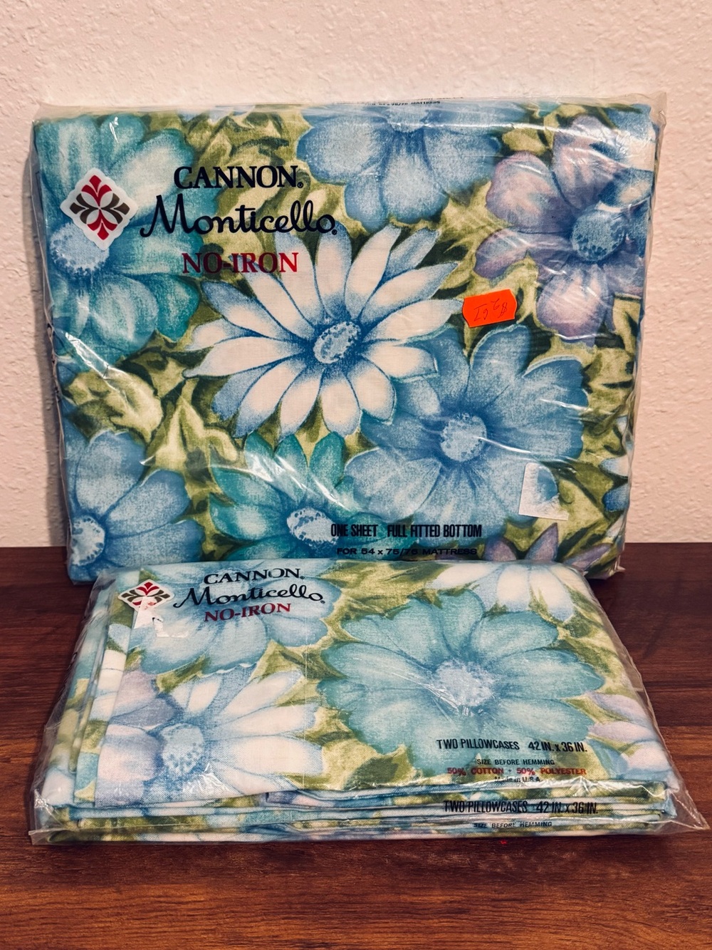 70s Vintage MCM Floral Aloha Blue Green Cannon Fitted Sheet & Pillowcases NEW